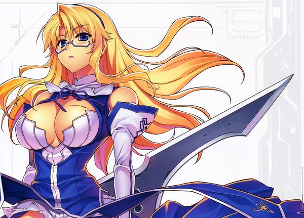 Anime picture 9359x6730 with freezing satellizer el bridget kim kwang hyun single long hair blush highres breasts blue eyes light erotic blonde hair large breasts absurdres cleavage scan official art girl dress weapon detached sleeves