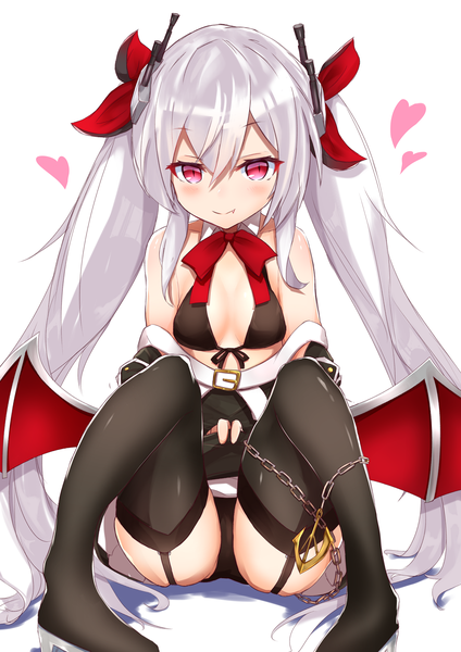 Anime picture 1800x2545 with azur lane vampire (azur lane) nanakaku single long hair tall image looking at viewer blush fringe highres breasts light erotic simple background hair between eyes white background sitting twintails bare shoulders cleavage silver hair
