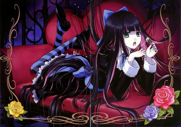 Anime picture 5716x4013 with panty & stocking with garterbelt anarchy stocking highres open mouth absurdres multicolored hair two-tone hair colored inner hair lolita fashion goth-loli girl thighhighs dress flower (flowers) bow hair bow striped thighhighs couch