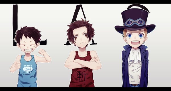 Anime picture 1584x848 with one piece toei animation monkey d. luffy portgas d. ace sabo (one piece) too mizuguchi looking at viewer short hair open mouth blue eyes black hair simple background blonde hair smile wide image brown eyes eyes closed inscription grey background multiple boys