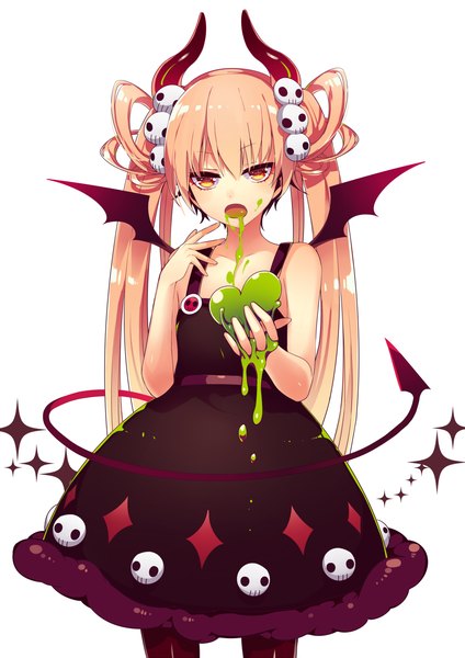 Anime picture 900x1273 with original nitaka (fujikichi) single long hair tall image looking at viewer fringe open mouth blonde hair simple background standing white background twintails bare shoulders yellow eyes tail horn (horns) demon girl demon tail demon wings