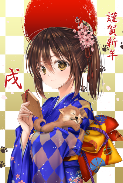 Anime picture 1181x1748 with original yuitanpo single tall image fringe short hair smile hair between eyes brown hair brown eyes upper body ponytail traditional clothes japanese clothes new year checkered checkered background paw print nengajou girl