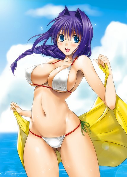 Anime picture 740x1035 with kanon key (studio) minase akiko mitarashi kousei single long hair tall image blush breasts open mouth blue eyes light erotic large breasts standing sky purple hair braid (braids) girl navel swimsuit