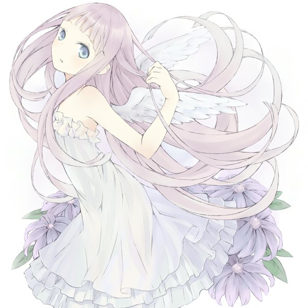 Anime picture 1000x1000 with original aquariumtama single long hair blue eyes simple background white background pink hair girl dress flower (flowers) wings