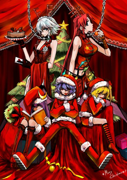 Anime picture 1240x1754 with touhou flandre scarlet remilia scarlet izayoi sakuya patchouli knowledge hong meiling tima (artist) long hair tall image looking at viewer fringe short hair blue eyes blonde hair red eyes standing sitting purple eyes bare shoulders multiple girls