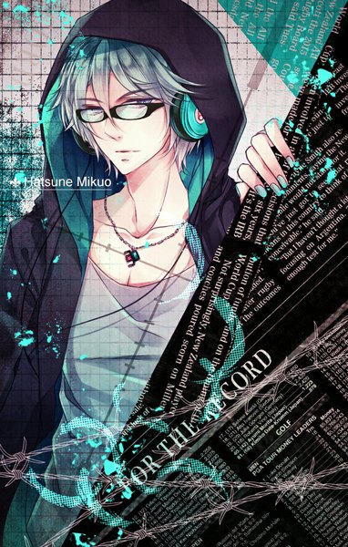 Anime picture 758x1190 with vocaloid hatsune mikuo zukiyuki single tall image looking at viewer short hair nail polish aqua eyes aqua hair character names text english aqua nail polish boy glasses headphones pendant hood barbed wire