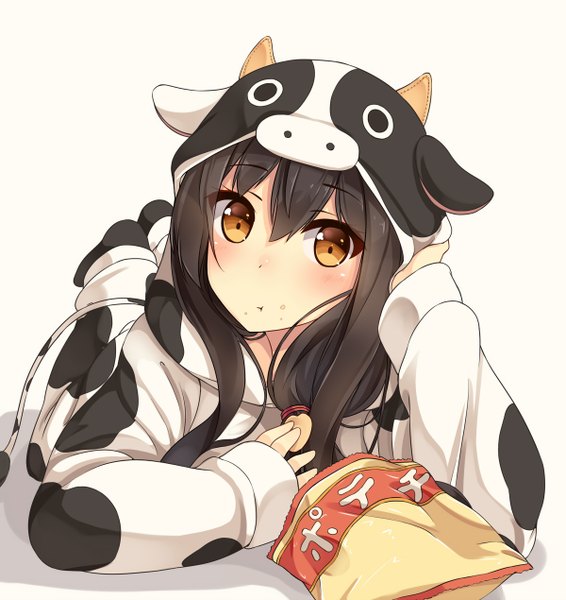 Anime picture 1200x1270 with kantai collection akagi aircraft carrier hiiragi hajime single long hair tall image looking at viewer blush fringe black hair simple background white background yellow eyes tail lying horn (horns) eating head rest cow girl girl