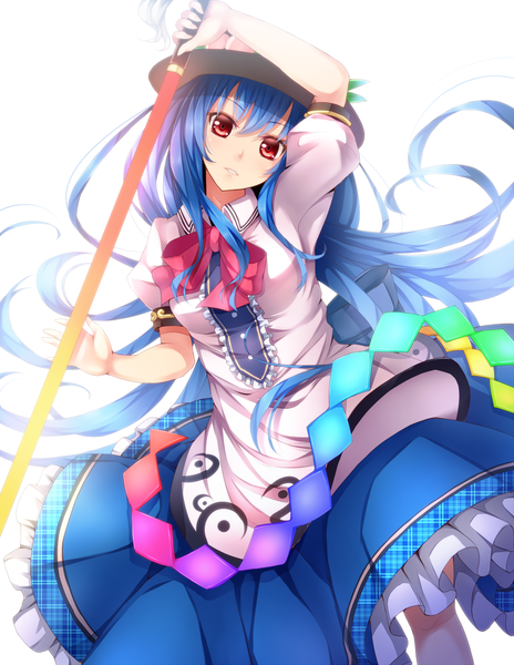 Anime picture 1200x1551 with touhou hinanawi tenshi dabadhi single long hair tall image red eyes blue hair girl dress weapon hat sword frills bowtie hisou no tsurugi