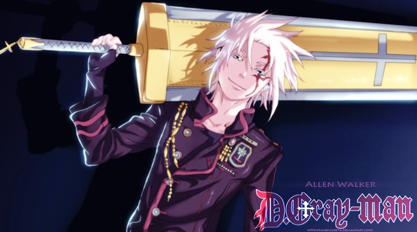 Anime picture 1080x604 with d.gray-man allen walker silvercore94 single short hair blue eyes simple background smile wide image white hair inscription shadow coloring face paint boy weapon huge weapon huge sword