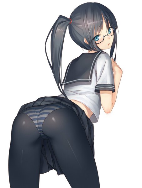Anime picture 644x853 with original ac (eshi) single tall image blush fringe open mouth light erotic simple background white background ponytail pleated skirt looking back bent over girl skirt uniform underwear panties miniskirt