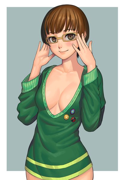Anime picture 579x819 with persona 4 persona satonaka chie lasterk single tall image looking at viewer blush short hair breasts light erotic brown hair brown eyes girl glasses
