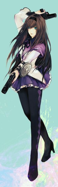 Anime picture 500x1592 with mahou shoujo madoka magica shaft (studio) akemi homura lazy c single long hair tall image looking at viewer fringe simple background brown hair holding green eyes outstretched arm dual wielding girl weapon miniskirt pantyhose hairband