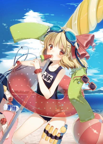Anime picture 650x909 with touhou pocari sweat rumia yamucha single tall image blush fringe short hair breasts open mouth light erotic blonde hair red eyes sky cloud (clouds) bent knee (knees) loli beach flat chest