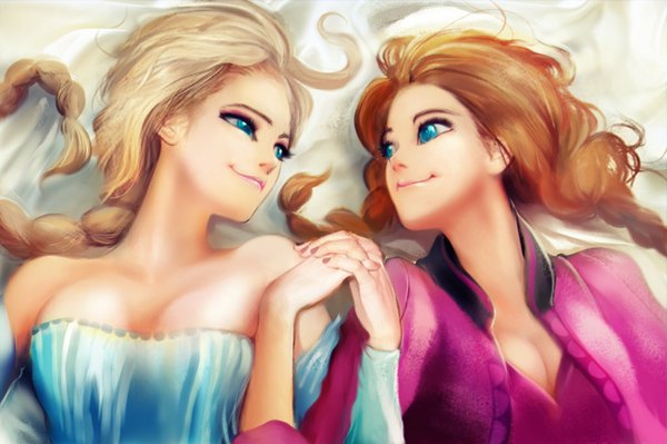 Anime picture 1024x681 with frozen (disney) disney elsa (frozen) anna (frozen) thezentlion (artist) long hair blue eyes blonde hair smile brown hair bare shoulders multiple girls cleavage lying braid (braids) aqua eyes twin braids single braid holding hands face to face