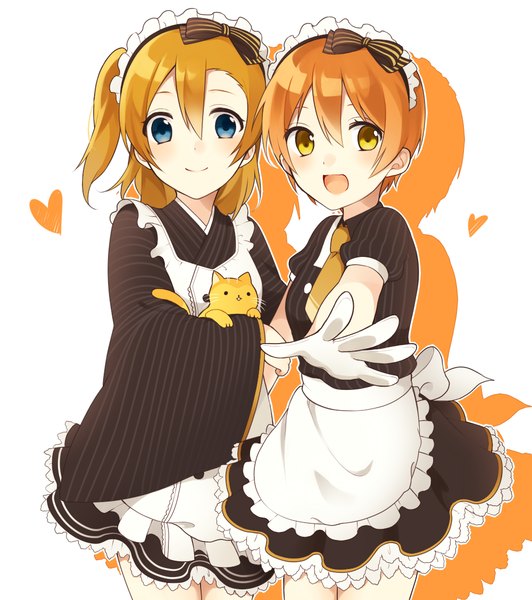 Anime picture 1000x1128 with love live! school idol project sunrise (studio) love live! kousaka honoka hoshizora rin chisumi tall image looking at viewer blush short hair open mouth blue eyes simple background blonde hair smile multiple girls yellow eyes japanese clothes orange hair maid