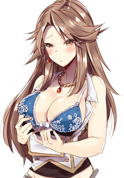 Anime picture 581x827 with granblue fantasy katalina aryze 218 single long hair tall image blush fringe breasts light erotic simple background brown hair large breasts white background bare shoulders brown eyes payot upper body embarrassed lace-trimmed bra
