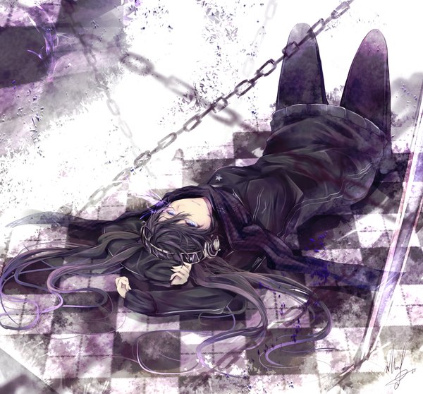 Anime picture 1200x1116 with black rock shooter black rock shooter (character) marumoru single long hair purple eyes twintails signed lying on back checkered floor girl pantyhose headphones scarf chain sweater dress