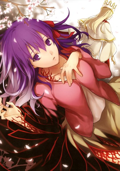 Anime picture 2877x4103 with fate/stay night studio deen matou sakura single long hair tall image highres open mouth purple eyes purple hair scan girl dress flower (flowers) petals