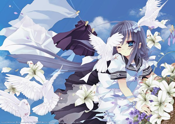 Anime picture 1169x827 with long hair blue eyes blue hair sky cloud (clouds) one eye closed wink flying girl skirt flower (flowers) animal serafuku bird (birds) pigeon