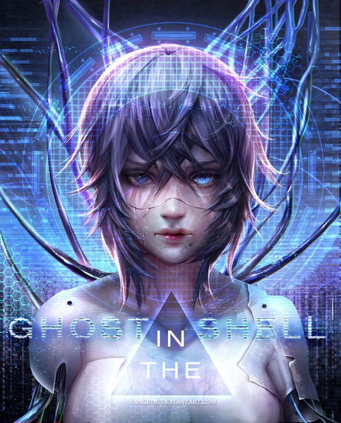 Anime picture 1024x1273 with ghost in the shell production i.g kusanagi motoko sangrde single tall image looking at viewer fringe short hair breasts blue eyes light erotic hair between eyes bare shoulders signed purple hair upper body parted lips lips realistic