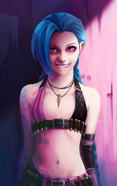 Anime picture 675x1070 with league of legends jinx (league of legends) oopartz (grooooovy) single long hair tall image looking at viewer breasts light erotic smile blue hair pink eyes tattoo flat chest girl navel