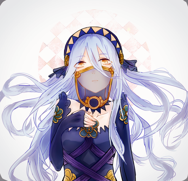 Anime picture 900x867 with fire emblem fire emblem fates azura (fire emblem) aqua (fire emblem) nekoichu single long hair looking at viewer fringe breasts hair between eyes yellow eyes purple hair hand on chest girl gloves ribbon (ribbons) headdress fingerless gloves mask