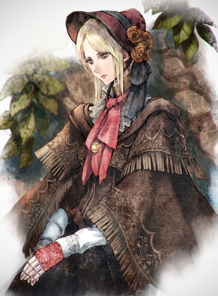 Anime picture 1138x1542 with bloodborne from software plain doll makimura shunsuke single tall image looking at viewer fringe short hair blonde hair green eyes lips girl flower (flowers) hat headdress rose (roses) leaf (leaves) hat ribbon doll (dolls)