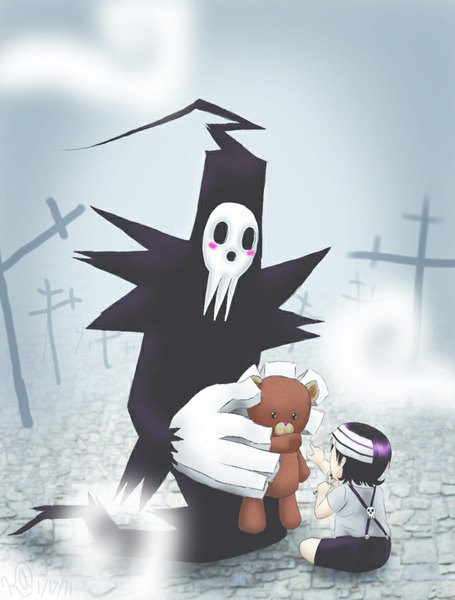 Anime picture 683x900 with soul eater studio bones death the kid shinigami-sama no where kid tall image blush fringe short hair black hair sitting holding looking away white hair multicolored hair from behind two-tone hair streaked hair outstretched arm fog