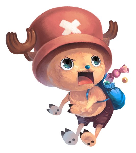 Anime picture 1000x1125 with one piece toei animation tony tony chopper kimaku (artist) single tall image open mouth simple background white background green eyes horn (horns) hat animal candy backpack