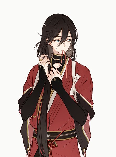 Anime picture 742x1000 with touken ranbu nitroplus izuminokami kanesada wonkrin single long hair tall image fringe blue eyes black hair simple background hair between eyes standing white background holding looking away traditional clothes japanese clothes piercing mouth hold