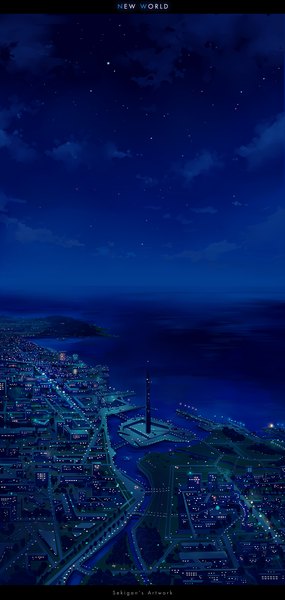Anime picture 1000x2100 with original sekigan tall image sky cloud (clouds) night city cityscape city lights sea tower