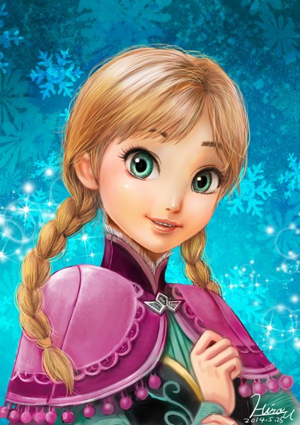 Anime picture 1000x1414 with frozen (disney) disney anna (frozen) usudahiro single long hair tall image looking at viewer blonde hair green eyes signed braid (braids) light smile lips twin braids girl dress snowflake (snowflakes) clothes brooch