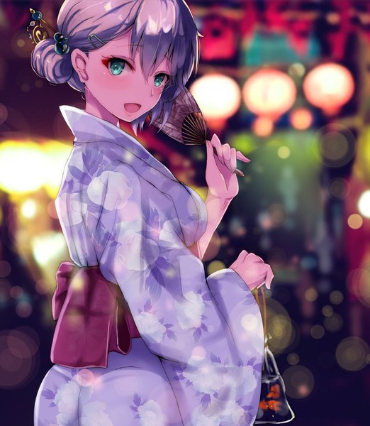 Anime picture 1534x1762 with idolmaster idolmaster cinderella girls anastasia (idolmaster) ryuu. single tall image looking at viewer blush fringe short hair open mouth hair between eyes holding green eyes silver hair long sleeves traditional clothes :d japanese clothes blurry