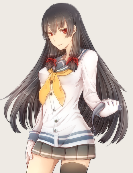 Anime picture 774x1000 with kantai collection isokaze destroyer ei yuzu cho single long hair tall image looking at viewer fringe breasts black hair red eyes standing white background holding pleated skirt light smile tress ribbon girl thighhighs skirt