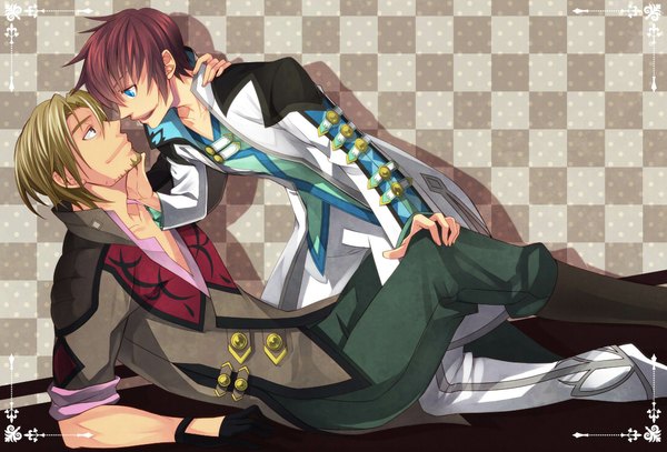 Anime picture 1101x748 with tales of graces asbel lhant malik caesars short hair open mouth blue eyes blonde hair smile brown hair brown eyes multiple boys shounen ai checkered background boy gloves 2 boys suit beard