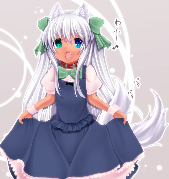 Anime picture 1200x1276 with kiyomin single long hair tall image open mouth blue eyes green eyes animal ears silver hair animal tail maid loli heterochromia dark skin girl dress