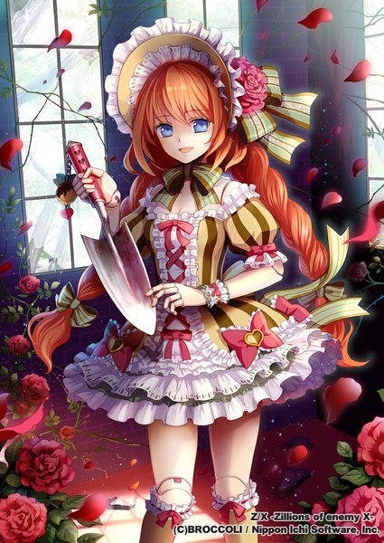 Anime picture 724x1023 with zillions of enemy x laara tall image open mouth blue eyes looking away braid (braids) orange hair legs twin braids dress hair ornament flower (flowers) bow ribbon (ribbons) plant (plants) hair bow hat petals boots