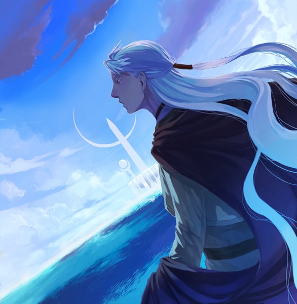 Anime picture 1200x1229 with fantastic children sesu kanoeco long hair tall image sky cloud (clouds) white hair profile boy water cloak