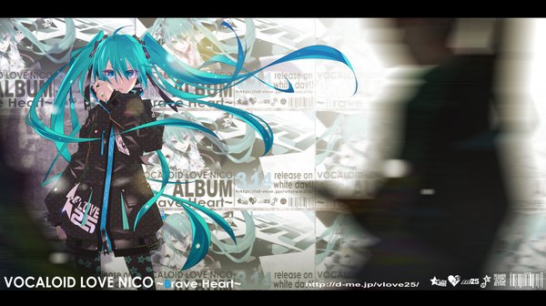Anime picture 2000x1120 with vocaloid hatsune miku monq (artist) single highres blue eyes wide image twintails very long hair aqua hair girl hair ornament jacket