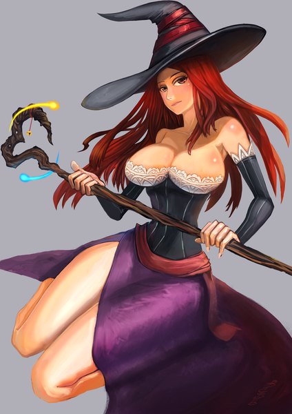 Anime picture 919x1300 with badcompzero single long hair tall image looking at viewer breasts light erotic simple background red eyes large breasts bare shoulders red hair magic girl dress detached sleeves witch hat staff