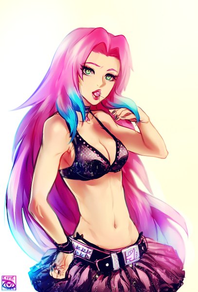 Anime picture 950x1400 with naruto studio pierrot naruto (series) haruno sakura e-x-p-i-e single long hair tall image looking at viewer breasts blue eyes light erotic simple background white background bare shoulders green eyes pink hair multicolored hair fingernails lips