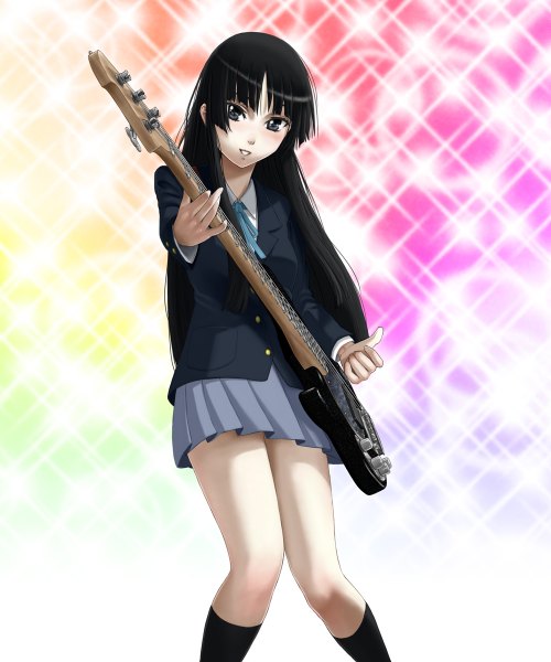 Anime picture 1000x1200 with k-on! kyoto animation akiyama mio sawaragi single long hair tall image looking at viewer blush blue eyes black hair girl skirt uniform school uniform miniskirt socks black socks guitar