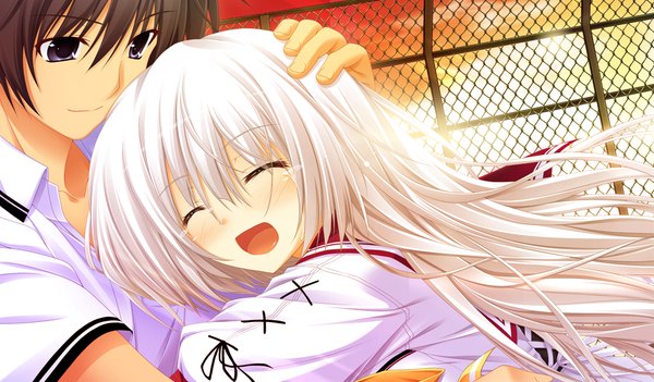 Anime picture 1024x600 with sora to kumo to kimi no koi long hair blush open mouth wide image game cg white hair eyes closed tears girl boy uniform school uniform