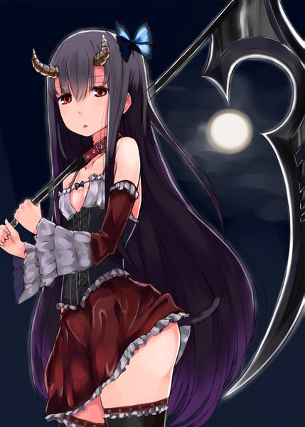Anime picture 1295x1812 with original asterism single long hair tall image looking at viewer black hair red eyes horn (horns) night girl thighhighs dress hair ornament weapon detached sleeves moon collar full moon scythe