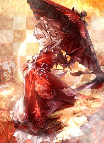 Anime picture 871x1200 with touhou remilia scarlet kozou single long hair tall image red eyes silver hair traditional clothes japanese clothes pale skin bat wings checkered vampire checkered background curly hair girl wings umbrella oriental umbrella