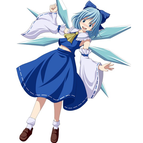 Anime picture 1000x1000 with touhou cirno s-syogo single blush short hair open mouth blue eyes simple background white background blue hair hakurei reimu (cosplay) girl dress bow hair bow wings ice