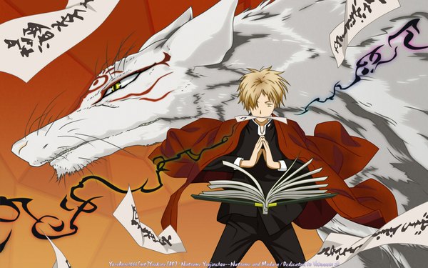 Anime picture 1920x1200 with natsume yuujinchou brains base (studio) natsume takashi madara (nyanko-sensei) yoru angel866 fringe highres short hair blonde hair wide image yellow eyes hair over one eye wallpaper mouth hold magic clothes on shoulders boy animal book (books) paper