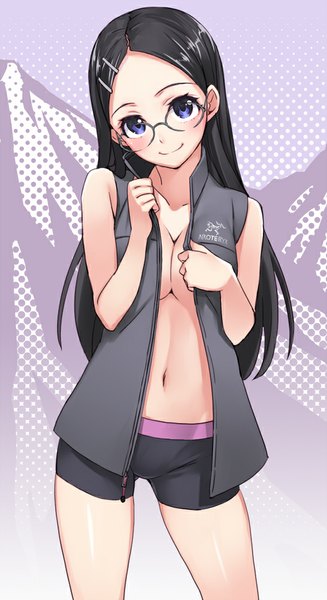 Anime picture 546x1000 with yama no susume 8bit saitou kaede (yama no susume) matsuryuu single long hair tall image looking at viewer breasts blue eyes light erotic black hair smile cleavage open clothes no bra open jacket sleeveless mountain girl