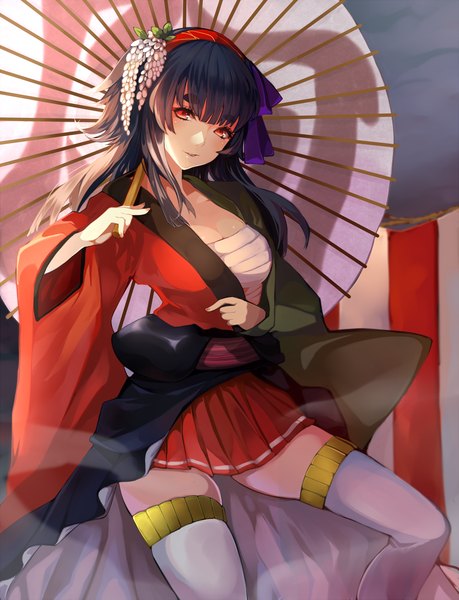 Anime picture 1000x1307 with original settyaro single long hair tall image looking at viewer blush breasts open mouth black hair smile red eyes cleavage traditional clothes japanese clothes hair flower open clothes wide sleeves zettai ryouiki girl