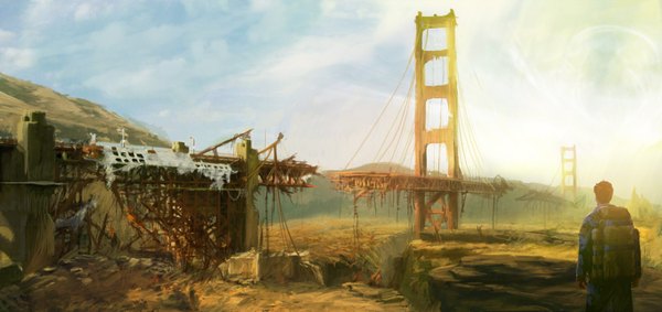 Anime picture 2000x946 with original davidlimubai single highres wide image from behind torn clothes ruins post-apocalyptic desert concept art boy sun flag bridge american flag spacesuit